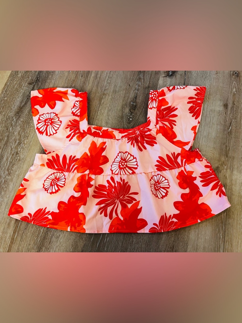 Bright Red, Orange, and Pink Floral Flutter Sleeve Crop Top
